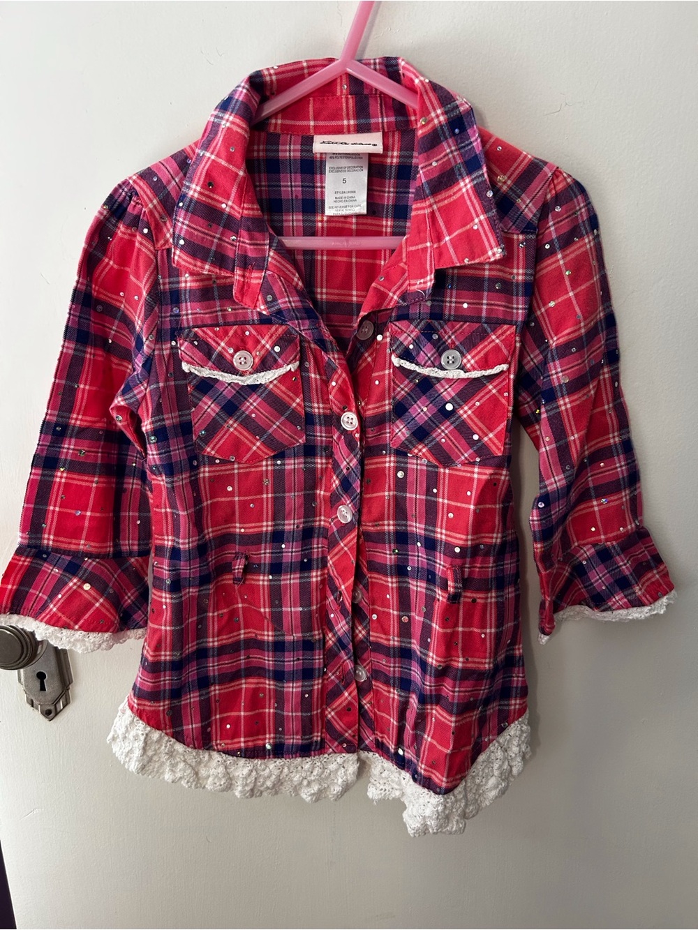 Little Lass Red & Navy Plaid Button-Front Shirt with Lace Trim